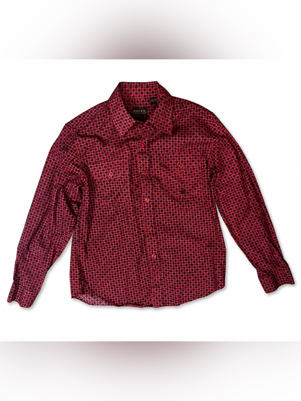 Youth Roper Red Black Geometric Button Down Western Shirt Long Sleeve
